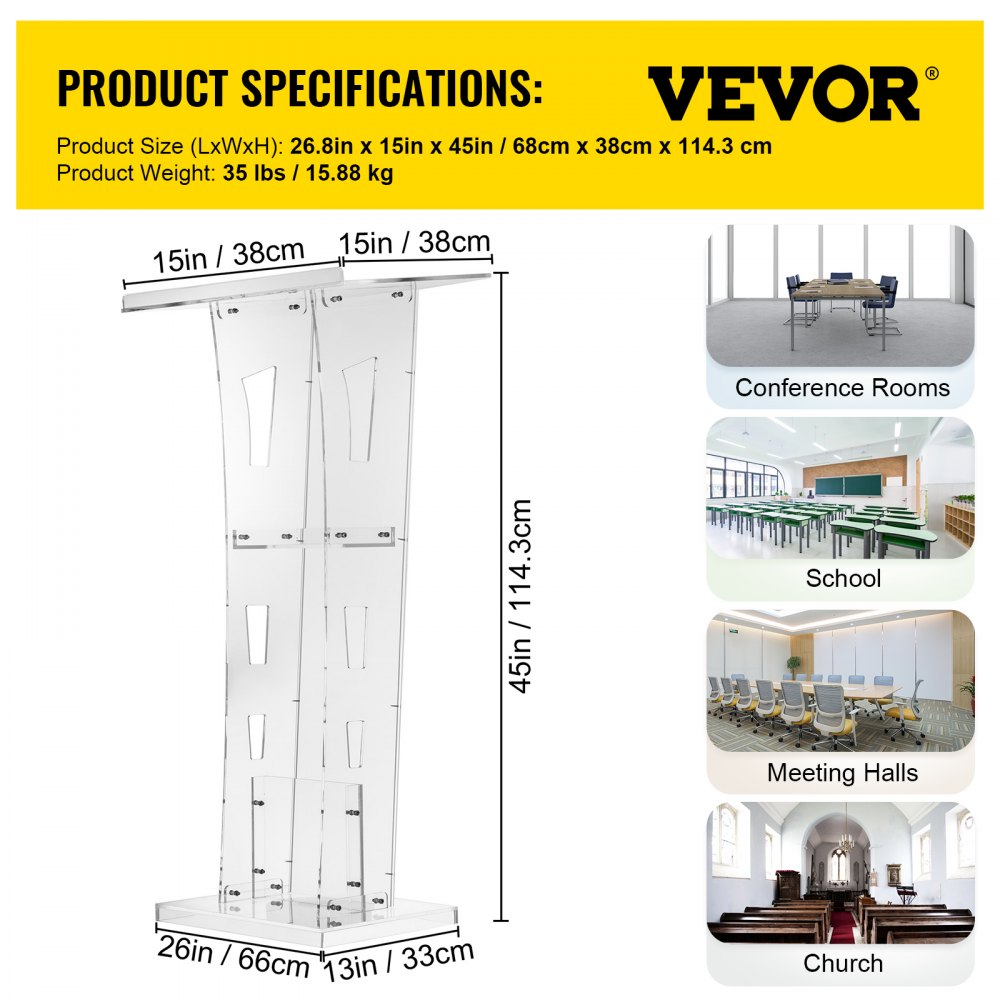 Acrylic Podium 45" Tall Plexiglass Podium 26.8"x15" Table Acrylic Pulpits for Churches with 8 mm Thick Acrylic Board Acrylic Podiums and Lecterns Design for Lecture Recital Speech & Presentation