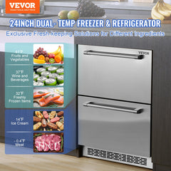 24 inch Undercounter Refrigerator, 2 Drawer Refrigerator with Different Temperature, 4.87 Cu.ft. Capacity, Waterproof Indoor and Outdoor Under Counter Freezer Fridge for Home and Commercial Use