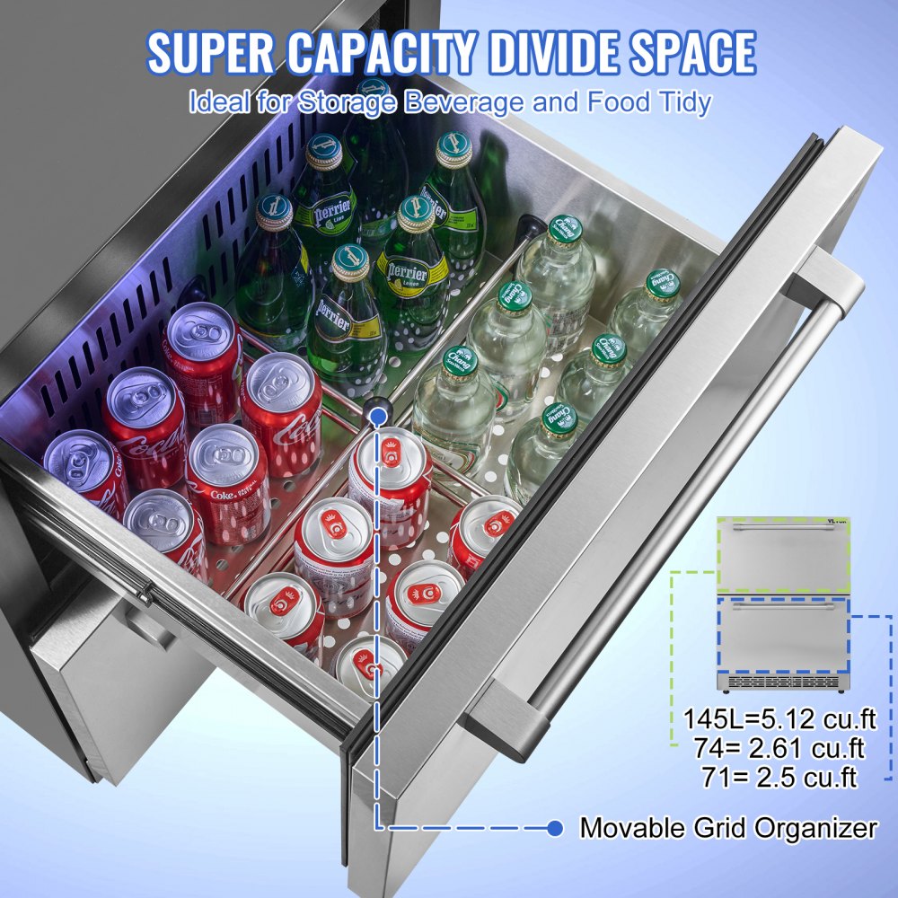 24 inch Undercounter Refrigerator, 2 Drawer Refrigerator with Different Temperature, 4.87 Cu.ft. Capacity, Waterproof Indoor and Outdoor Under Counter Freezer Fridge for Home and Commercial Use