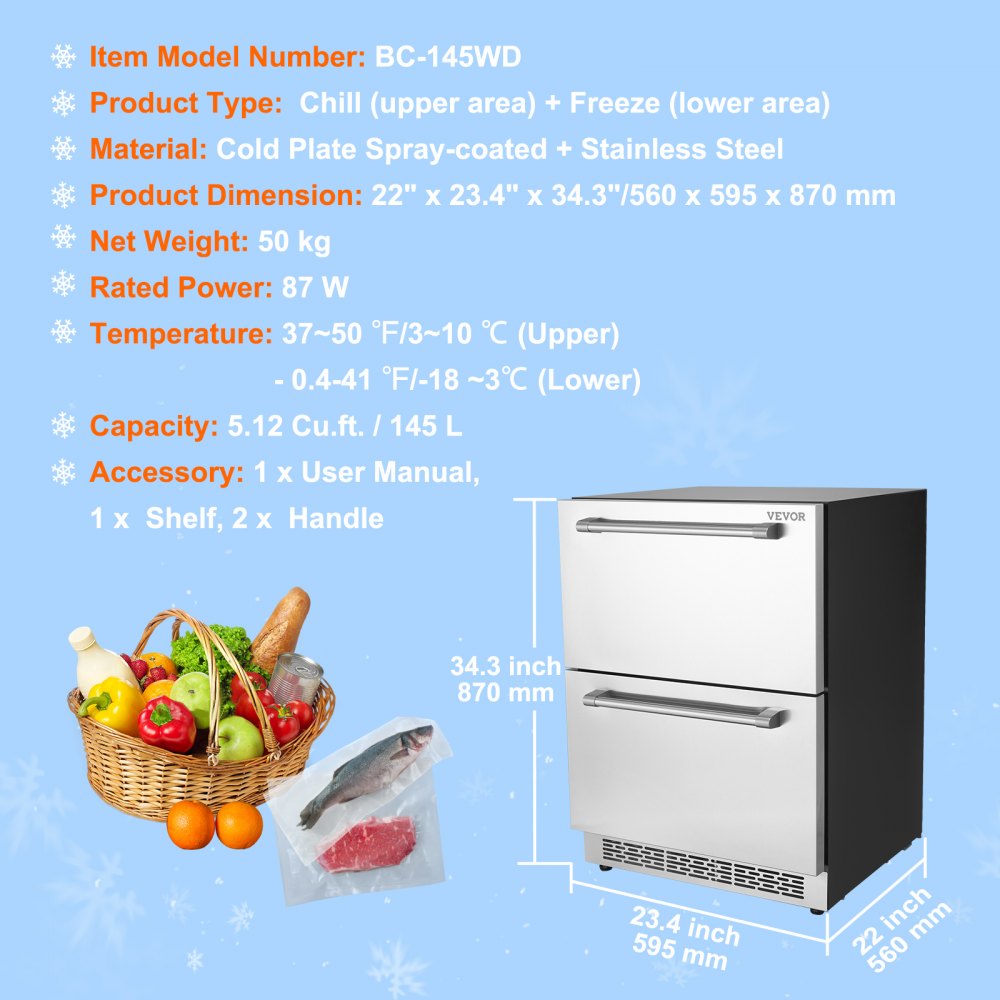 24 inch Undercounter Refrigerator, 2 Drawer Refrigerator with Different Temperature, 4.87 Cu.ft. Capacity, Waterproof Indoor and Outdoor Under Counter Freezer Fridge for Home and Commercial Use
