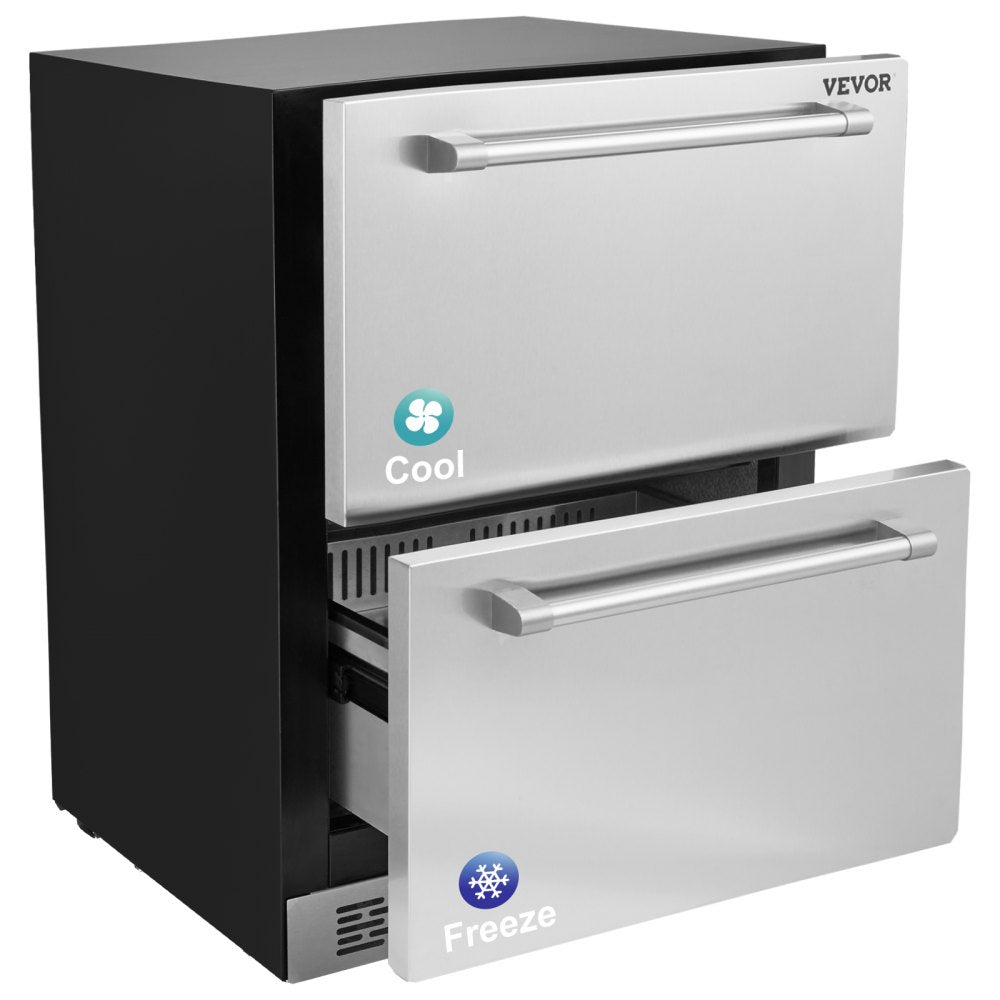 24 inch Undercounter Refrigerator, 2 Drawer Refrigerator with Different Temperature, 4.87 Cu.ft. Capacity, Waterproof Indoor and Outdoor Under Counter Freezer Fridge for Home and Commercial Use