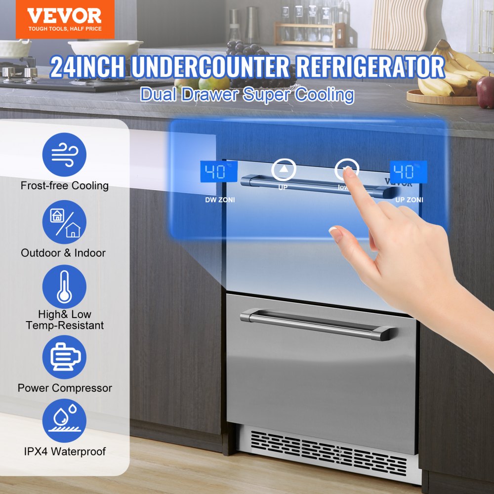 24" Undercounter Refrigerator, 2 Drawer Built-in Beverage Refrigerator with Touch Panel, 5.12 Cu.ft. Capacity, Waterproof Indoor and Outdoor Under Counter Fridge for Home and Commercial Use