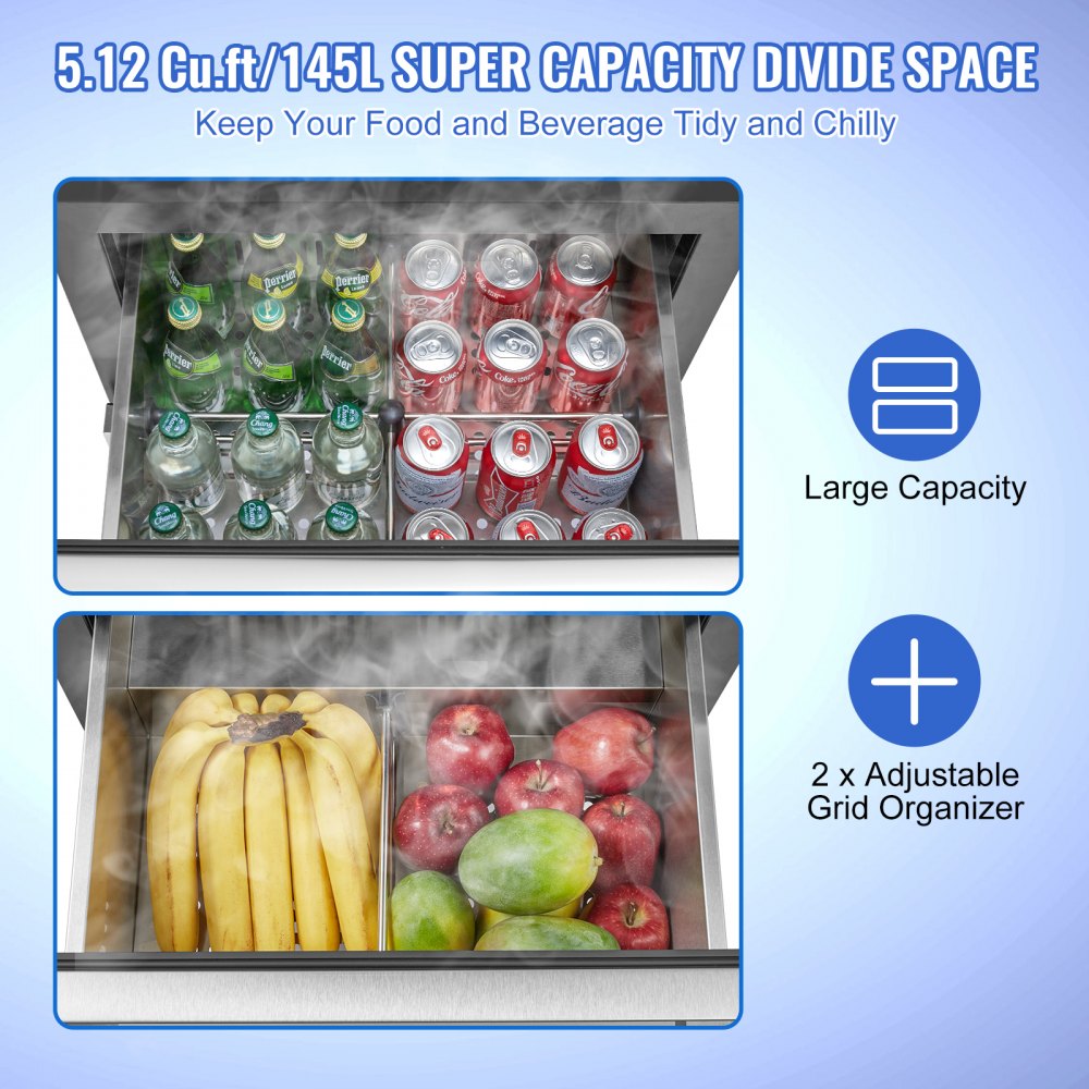 24" Undercounter Refrigerator, 2 Drawer Built-in Beverage Refrigerator with Touch Panel, 5.12 Cu.ft. Capacity, Waterproof Indoor and Outdoor Under Counter Fridge for Home and Commercial Use