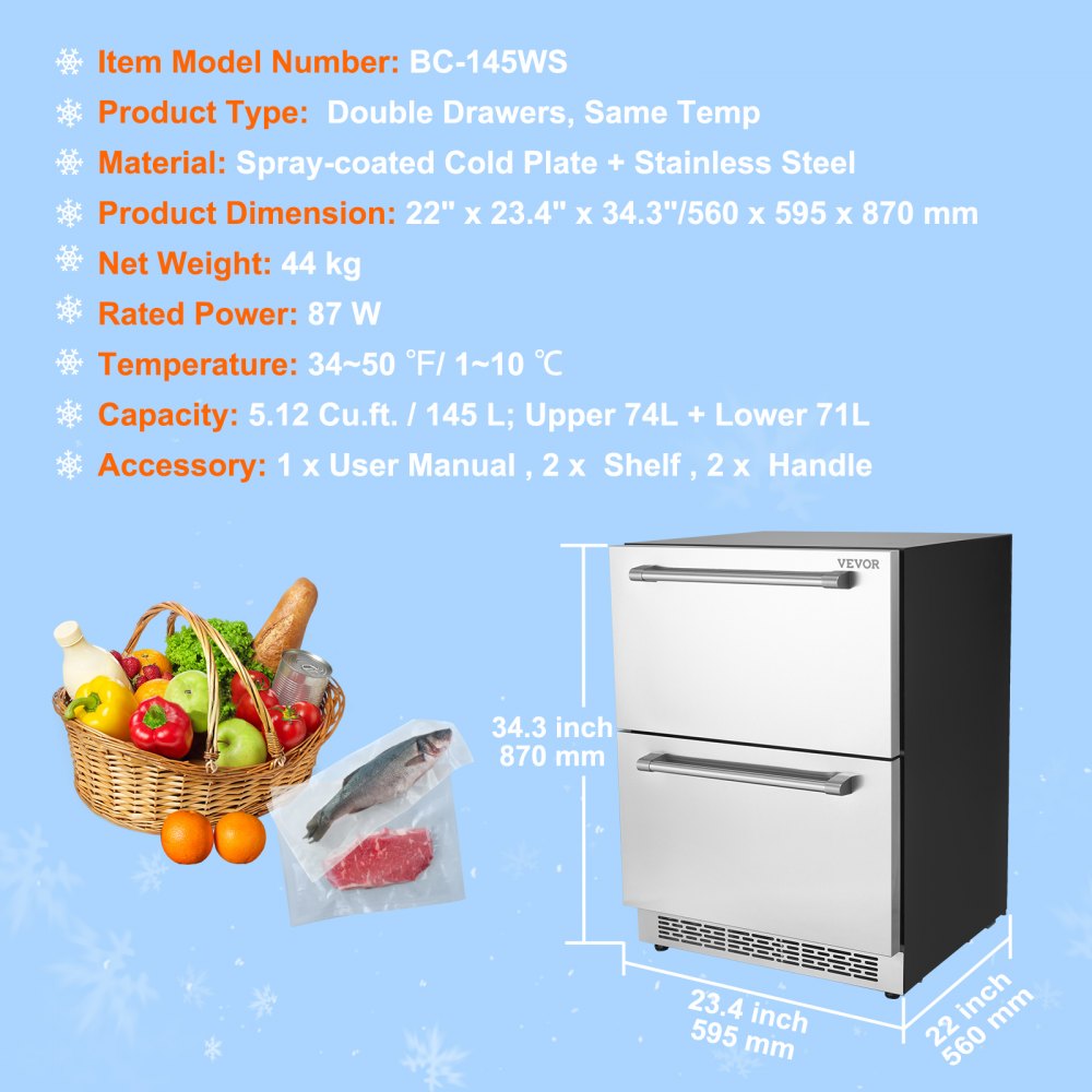24" Undercounter Refrigerator, 2 Drawer Built-in Beverage Refrigerator with Touch Panel, 5.12 Cu.ft. Capacity, Waterproof Indoor and Outdoor Under Counter Fridge for Home and Commercial Use
