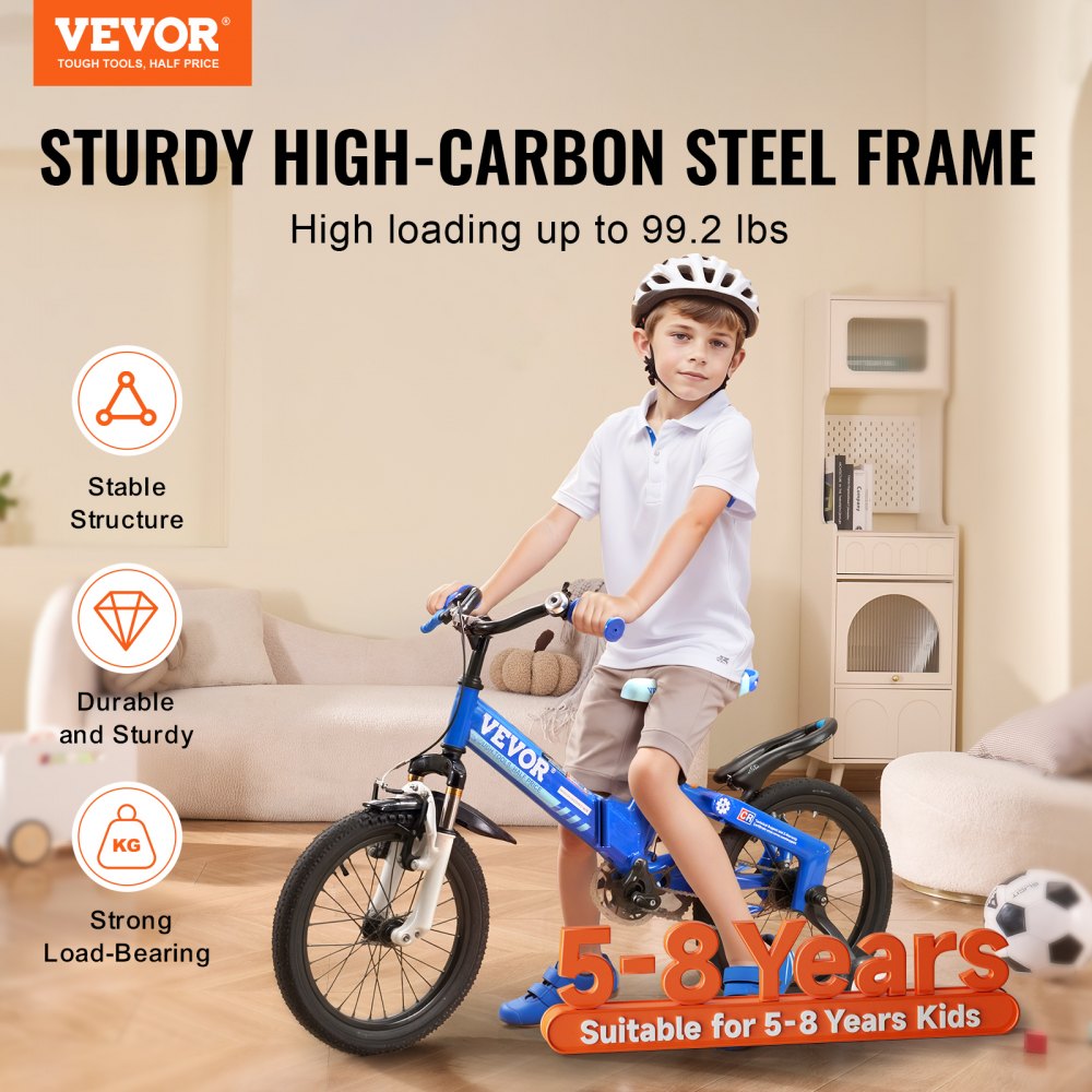 Blue 16-inch folding balance bike with adjustable high-carbon steel frame for kids aged 5-8.