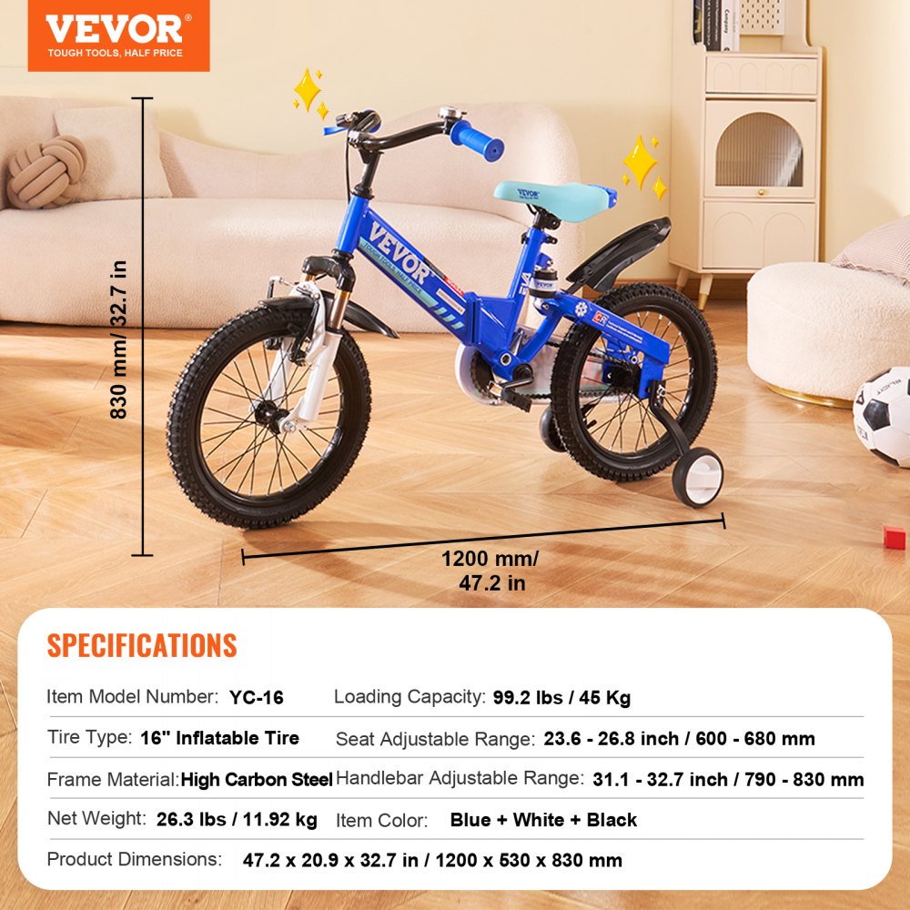 Blue 16-inch folding toddler balance bike with high-carbon steel frame, adjustable seat and handlebar, and inflatable tires.