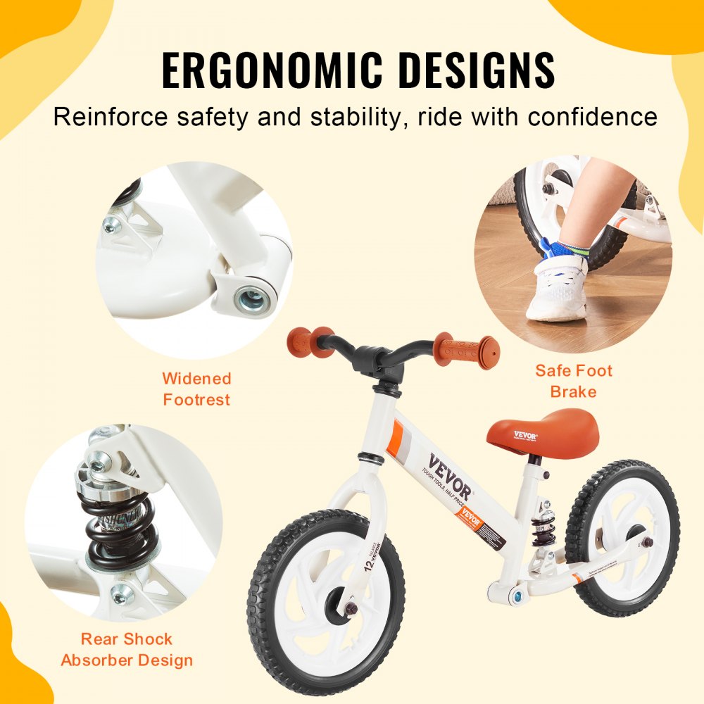 Bostome 12" carbon steel kids balance bike with adjustable seat and handlebar features.