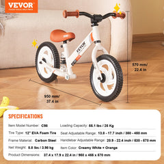 Bostome 12" carbon steel balance bike with adjustable seat, handlebar, and foam tires.