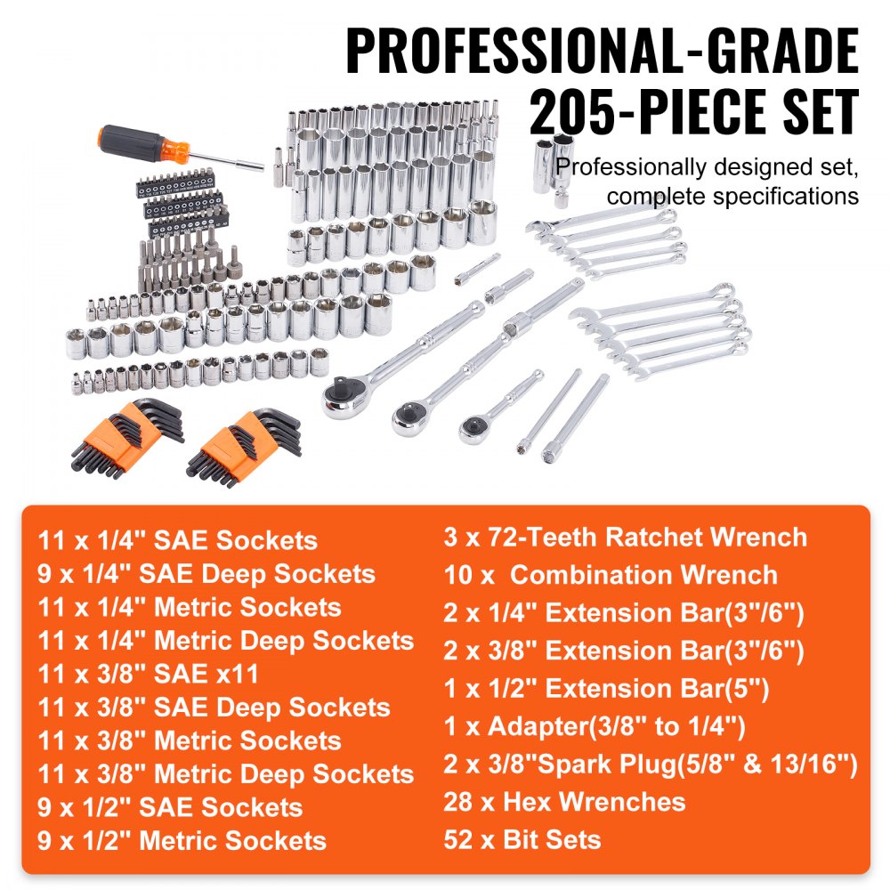 Bostome 205-piece mechanics tool set with various SAE and metric sockets and a portable storage case.