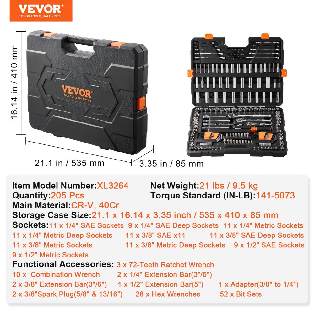Bostome 205-piece mechanics tool set with various SAE and metric sockets, wrenches, and ratchets.