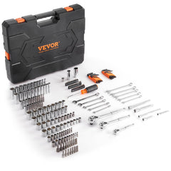 Bostome 205-piece mechanics tool set with SAE and metric sockets, wrenches, and a storage case.
