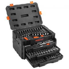 Open Bostome 450-piece mechanics tool set in black storage case with CR-V sockets and ratchets.