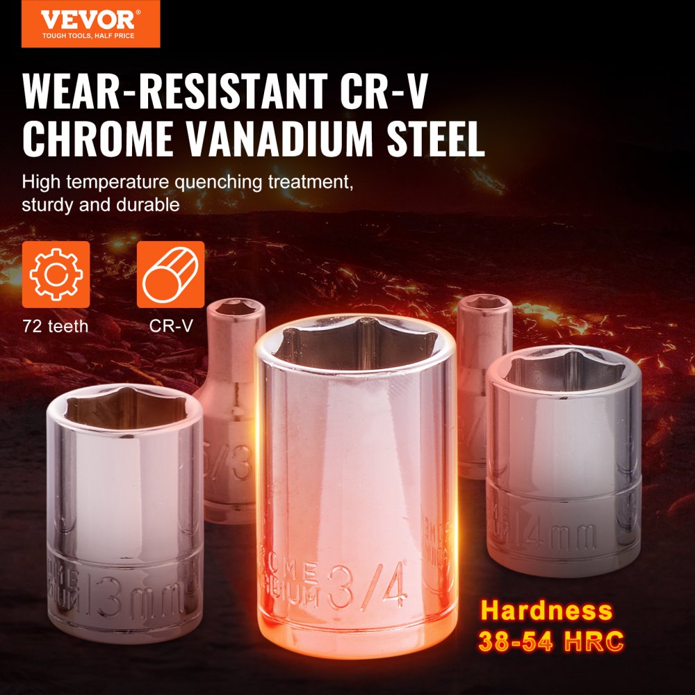 Set of chrome vanadium steel sockets with 72 teeth, 3/8 inch drive, and 38-54 HRC hardness.