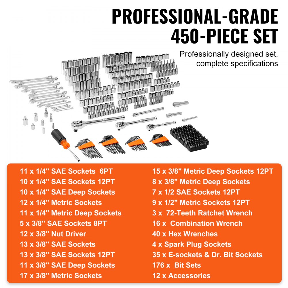 Bostome 450-piece mechanics tool set with CR-V sockets, ratchets, and storage case.