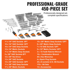 Bostome 450-piece mechanics tool set with CR-V sockets, ratchets, and storage case.
