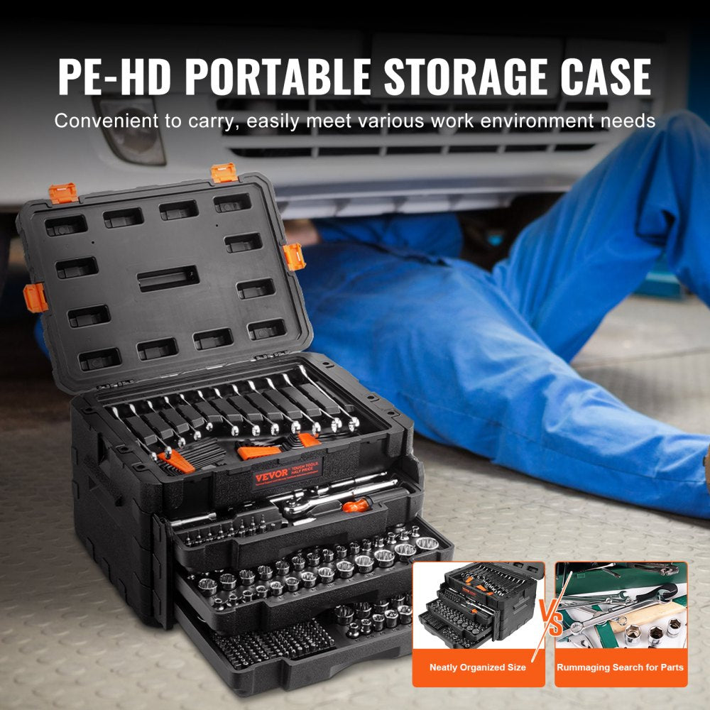Bostome 450-piece mechanics tool set with CR-V sockets in a rugged PE-HD storage case.