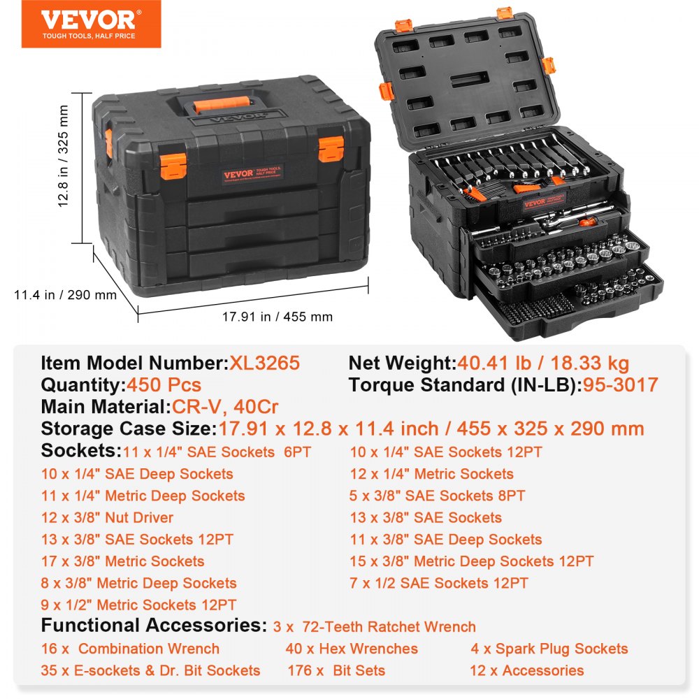 450-piece mechanics tool set with CR-V sockets, ratchets, and storage case.