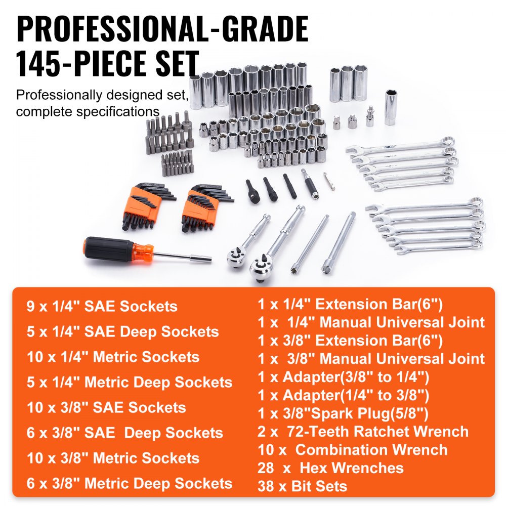 Bostome 145-piece mechanics tool set with chrome-plated steel tools and organized storage case.
