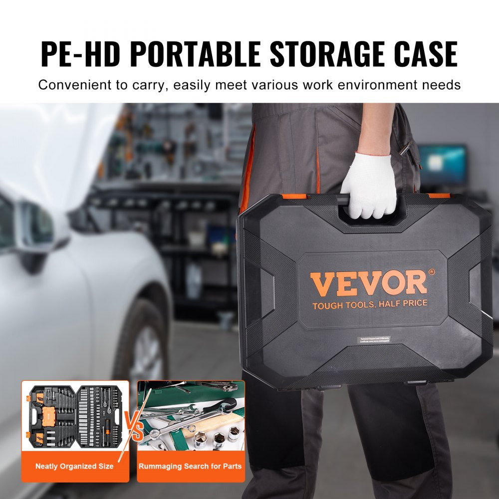 145-piece mechanics tool set with SAE/metric sockets and a durable storage case.