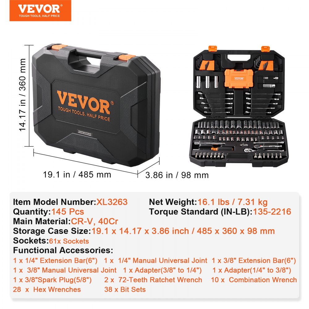 Bostome 145-piece mechanics tool set with various sockets and a durable storage case.