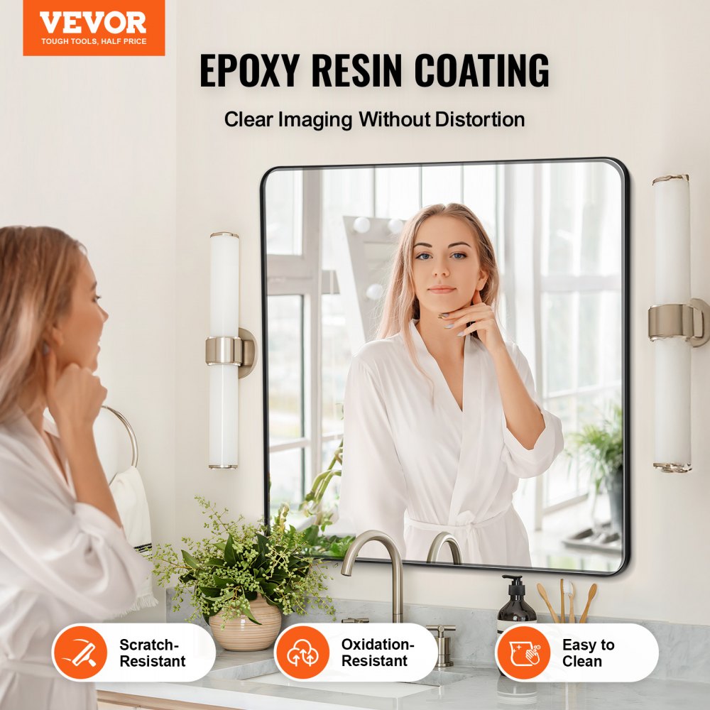 Square wall mirror with a brushed aluminum frame, measuring 36"x36", wall mounted.
