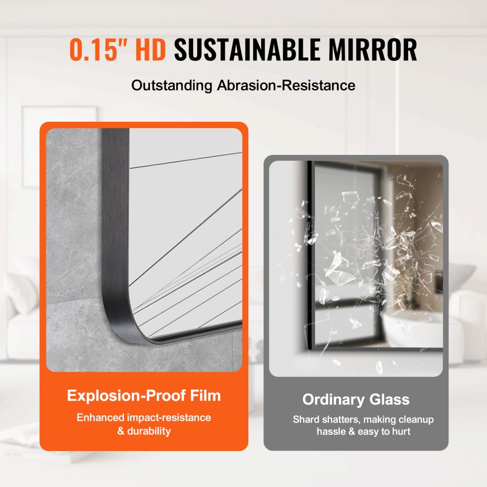 Square wall mirror with a brushed aluminum frame, measuring 36"x36", wall mounted.