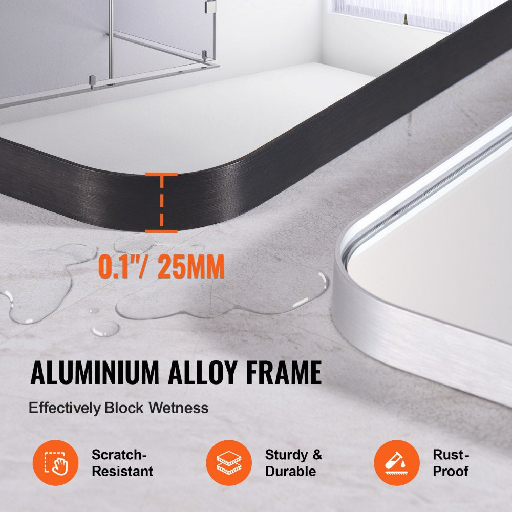 Square wall mirror with a brushed aluminum frame, measuring 36"x36", wall mounted.