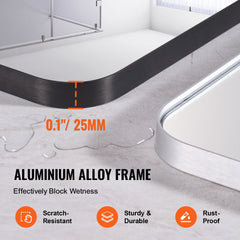 Square wall mirror with a brushed aluminum frame, measuring 36"x36", wall mounted.