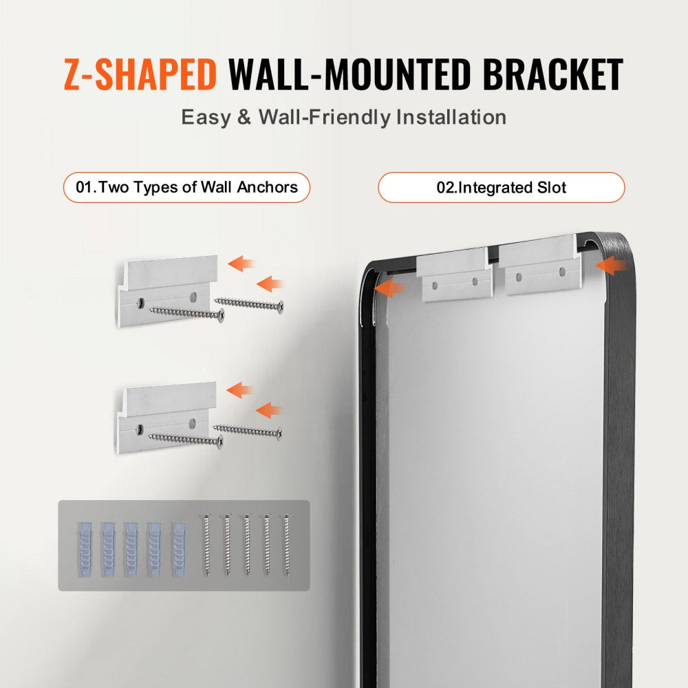 Square wall mirror with a brushed aluminum frame, measuring 36"x36", wall mounted.