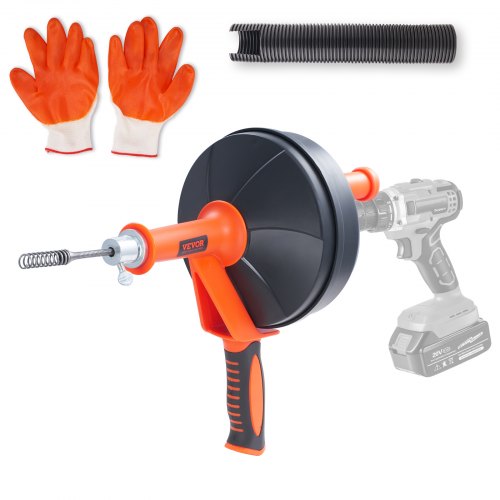 Bostome 25ft drain auger plumbing snake with orange gloves, black hose, and drill attachment.