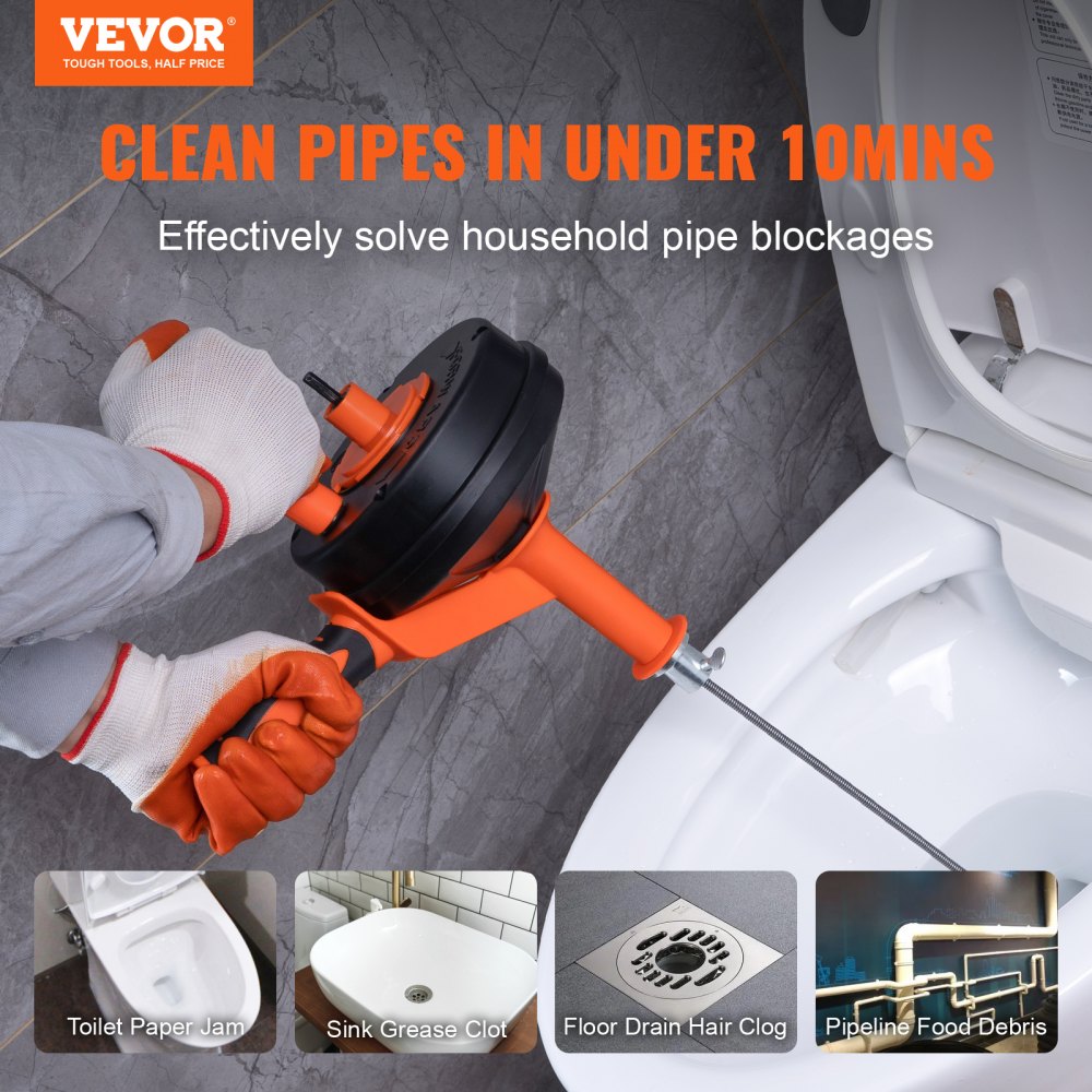 Bostome 25ft drain auger plumbing snake with orange drill attachment and gloves.