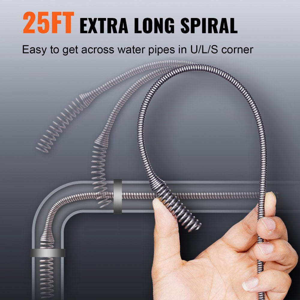 A 25-foot drain auger plumbing snake with drill attachment, shown coiled and navigating U-shaped pipes.
