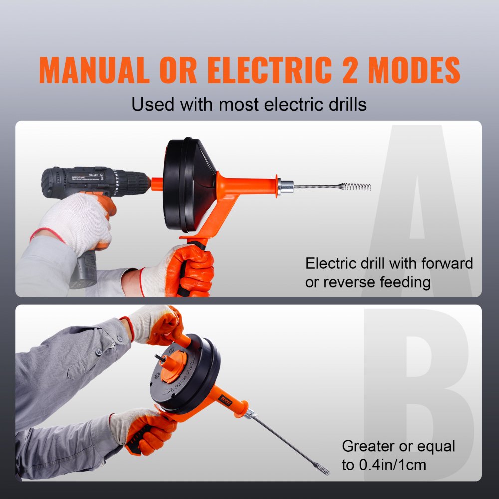 Bostome 25ft drain auger with drill attachment and hand crank for clearing pipes.