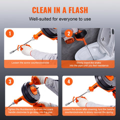 Handheld drain auger with crank handle and drill attachment clearing a toilet drain.