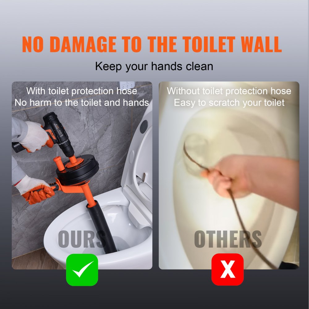 Split image showing Bostome 25ft drain auger with protective hose preventing toilet wall scratches versus a bare snake causing damage.