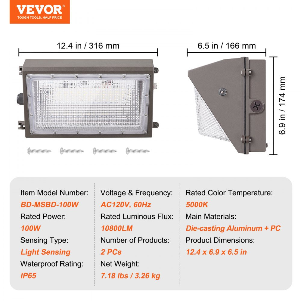 2PCs LED Wall Pack Lights, 100W 10800LM, 5000K Commercial Outdoor Lights Security Lighting Fixture, with Intelligent Light Sensing 180 LED beads Energy Saving for Garages Yards, IP65 Waterproof