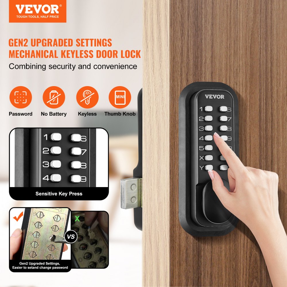 Mechanical Keyless Entry Door Lock, 14 Digit Keypad, Outdoor Gate Door Locks Set with Surface-mounted Latch, Water-proof Zinc Alloy, Keypad and Knob, Easy to Install, for Garden, Garage, Yard