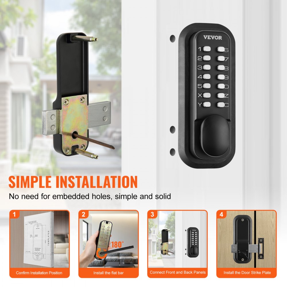 Mechanical Keyless Entry Door Lock, 14 Digit Keypad, Outdoor Gate Door Locks Set with Surface-mounted Latch, Water-proof Zinc Alloy, Keypad and Knob, Easy to Install, for Garden, Garage, Yard