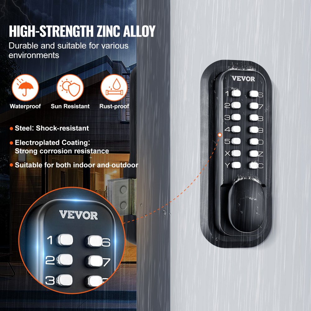 Mechanical Keyless Entry Door Lock, 14 Digit Keypad, Outdoor Gate Door Locks Set with Surface-mounted Latch, Water-proof Zinc Alloy, Keypad and Knob, Easy to Install, for Garden, Garage, Yard