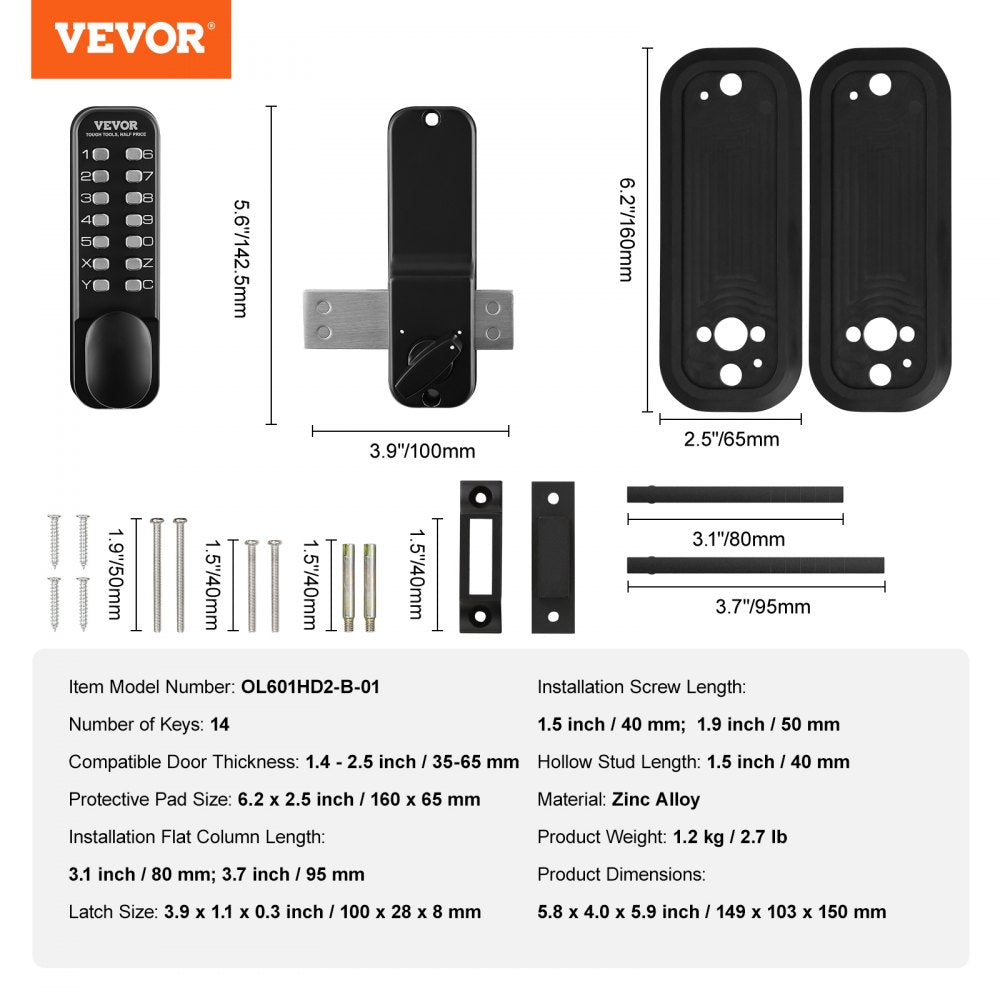 Mechanical Keyless Entry Door Lock, 14 Digit Keypad, Outdoor Gate Door Locks Set with Surface-mounted Latch, Water-proof Zinc Alloy, Keypad and Knob, Easy to Install, for Garden, Garage, Yard