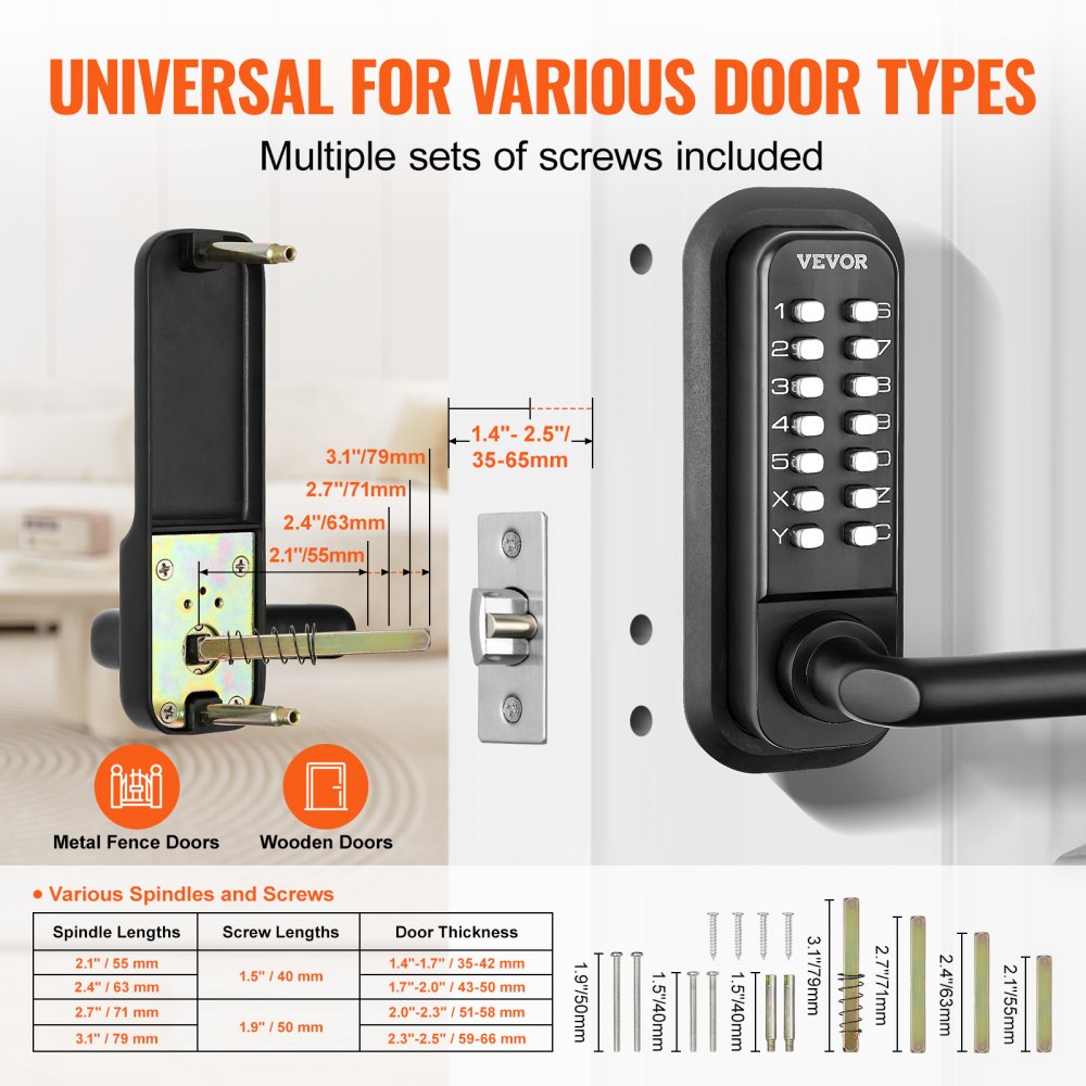 Mechanical Keyless Entry Door Lock, 14 Digit Keypad, Embedded Outdoor Gate Door Locks Set with Keypad and Handle, Water-proof Zinc Alloy, Easy to Install, for Garden, Garage, Yard, Storage Shed
