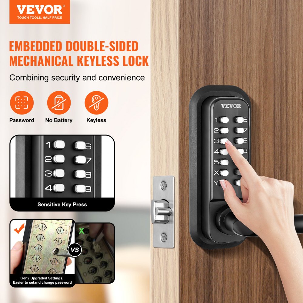 Mechanical Keyless Entry Door Lock, 14 Digit Keypad, Double-sided Embedded Outdoor Gate Door Locks Set with Handle and Keypad, Water-proof Zinc Alloy, Easy to Install, for Yard, Garden, Garage