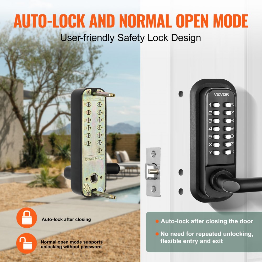 Mechanical Keyless Entry Door Lock, 14 Digit Keypad, Double-sided Embedded Outdoor Gate Door Locks Set with Handle and Keypad, Water-proof Zinc Alloy, Easy to Install, for Yard, Garden, Garage