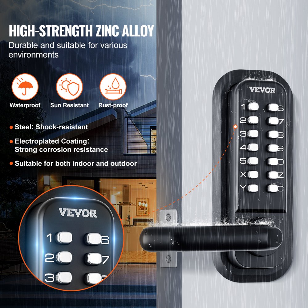 Mechanical Keyless Entry Door Lock, 14 Digit Keypad, Double-sided Embedded Outdoor Gate Door Locks Set with Handle and Keypad, Water-proof Zinc Alloy, Easy to Install, for Yard, Garden, Garage