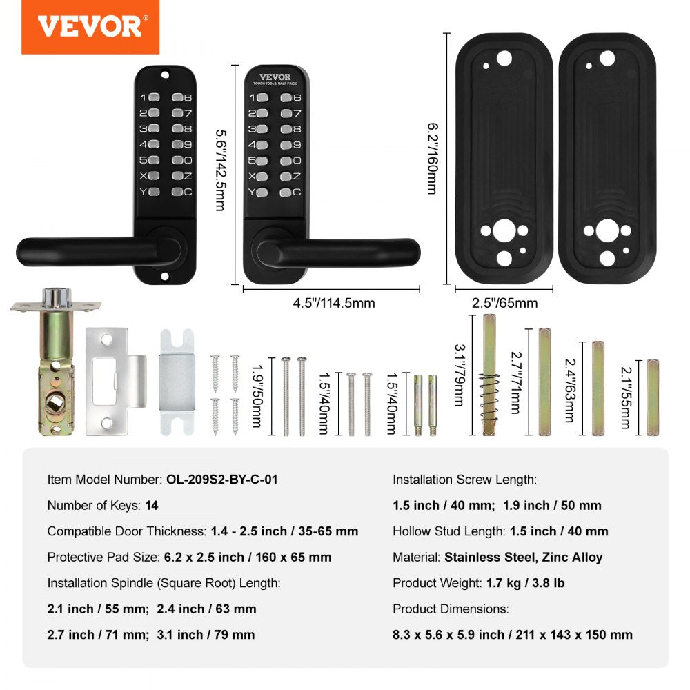 Mechanical Keyless Entry Door Lock, 14 Digit Keypad, Double-sided Embedded Outdoor Gate Door Locks Set with Handle and Keypad, Water-proof Zinc Alloy, Easy to Install, for Yard, Garden, Garage