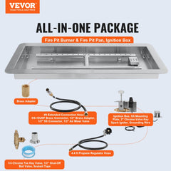 24 x 8 inch Drop-in Fire Pit Pan, Rectangular Stainless Steel Fire Pit Burner Kit, Natural & Propane Gas Fire Pan 120,000 BTU with H-Burner for Indoor or Outdoor Use