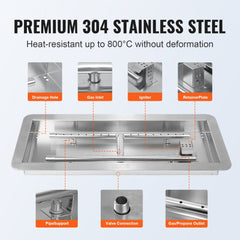 24 x 8 inch Drop-in Fire Pit Pan, Rectangular Stainless Steel Fire Pit Burner Kit, Natural & Propane Gas Fire Pan 120,000 BTU with H-Burner for Indoor or Outdoor Use