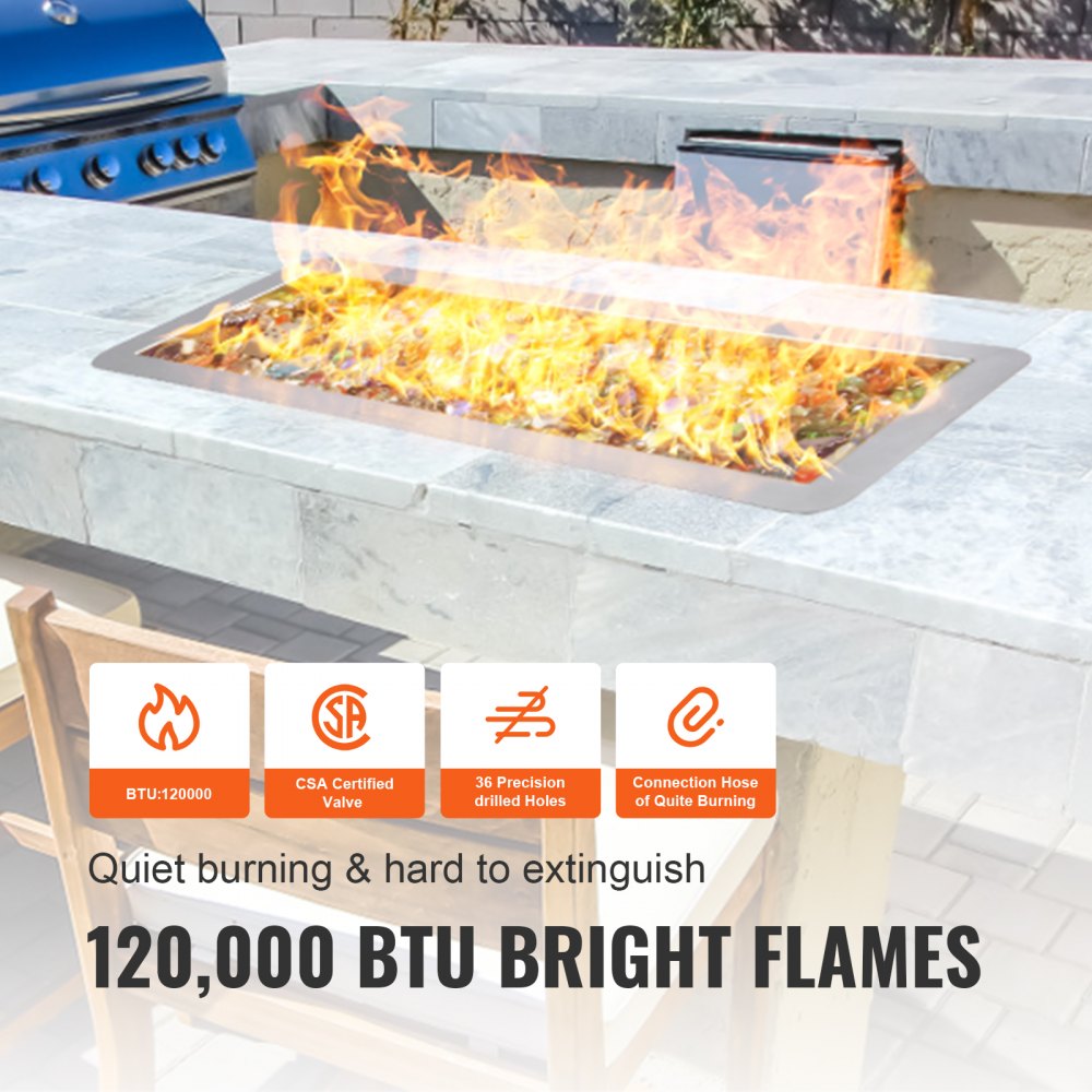 24 x 8 inch Drop-in Fire Pit Pan, Rectangular Stainless Steel Fire Pit Burner Kit, Natural & Propane Gas Fire Pan 120,000 BTU with H-Burner for Indoor or Outdoor Use