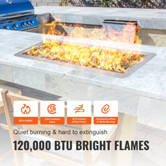 24 x 8 inch Drop-in Fire Pit Pan, Rectangular Stainless Steel Fire Pit Burner Kit, Natural & Propane Gas Fire Pan 120,000 BTU with H-Burner for Indoor or Outdoor Use