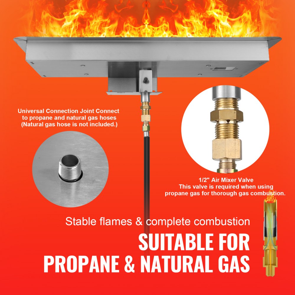 24 x 8 inch Drop-in Fire Pit Pan, Rectangular Stainless Steel Fire Pit Burner Kit, Natural & Propane Gas Fire Pan 120,000 BTU with H-Burner for Indoor or Outdoor Use